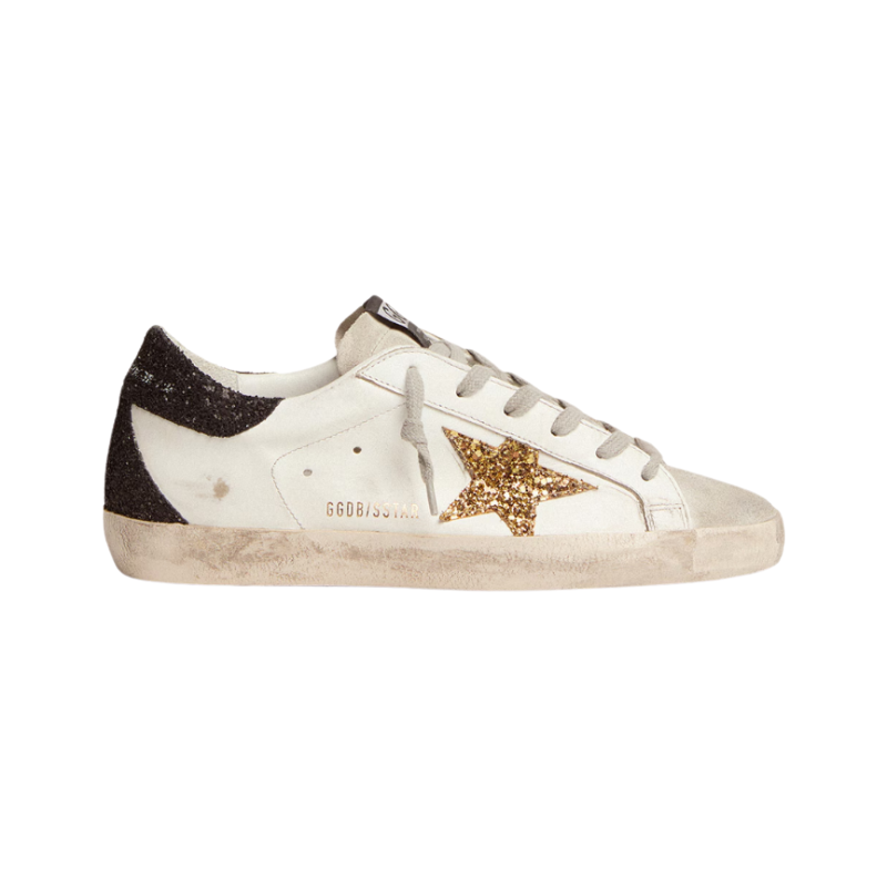 Golden Goose Women’s Super-Star in nappa leather with gold glitter star and black glitter heel tab.
